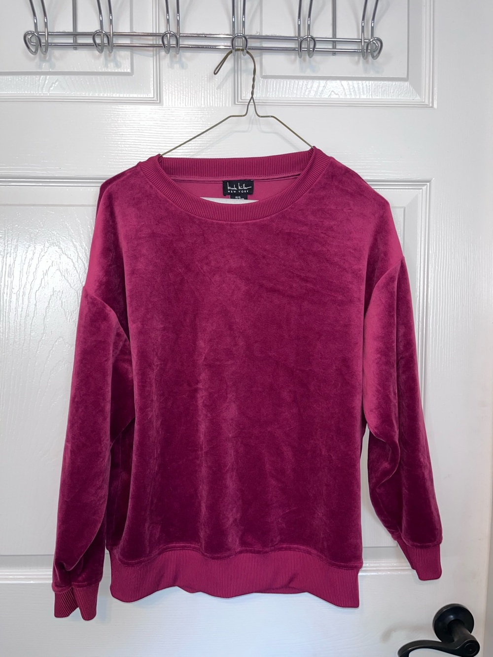 Nicole Miller New York Velour  Crewneck Sweater in Berry
